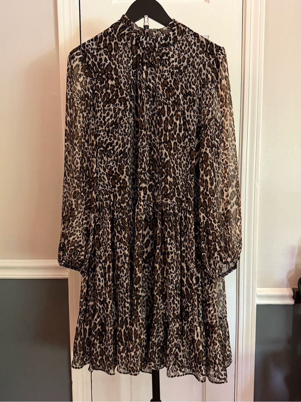 Leopard Print Long Sleeve Tiered Dress - Brown/Black (204)